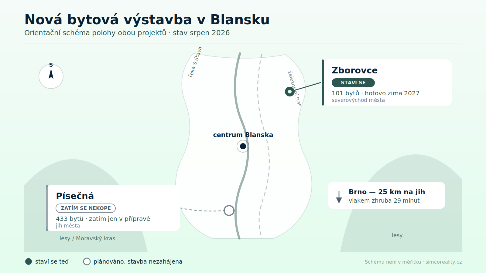 Schéma polohy nové bytové výstavby v Blansku — Zborovce na severovýchodě města a Písečná na jihu