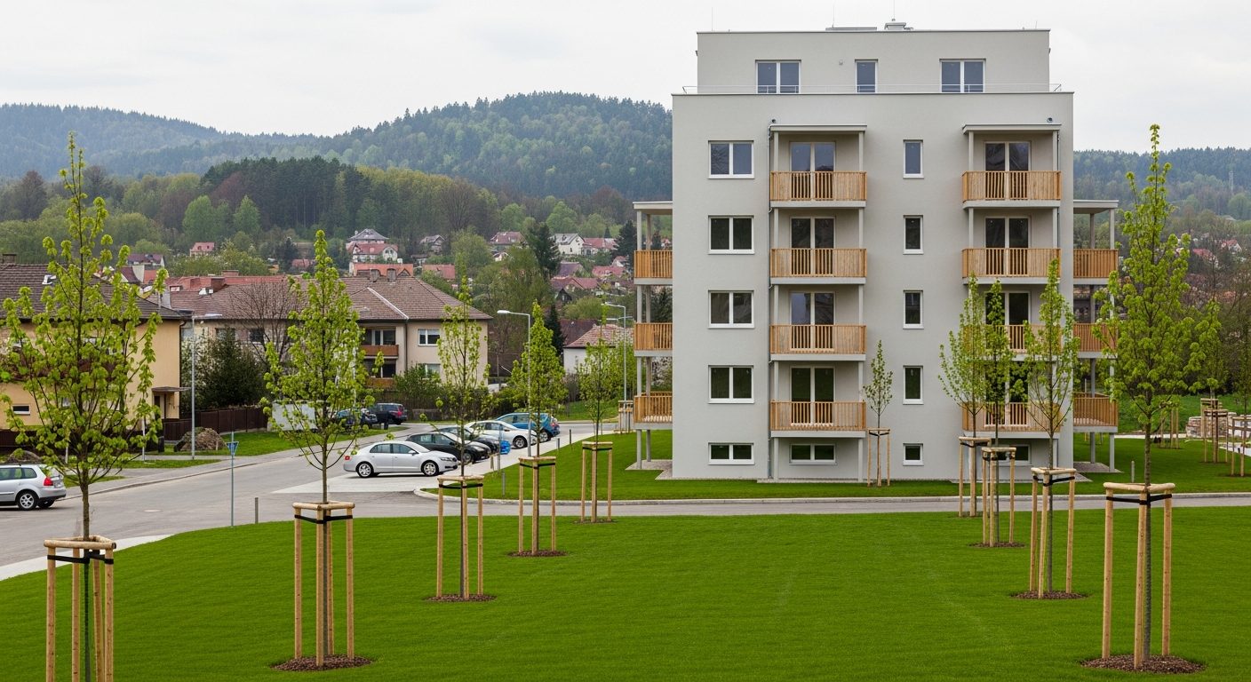 Dokončený moderní bytový dům v menším moravském městě s novou zelení a parkováním